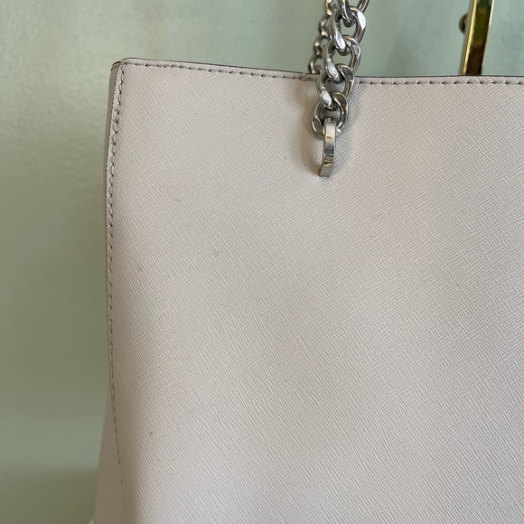 MICHAEL KORS MK Womens Shoulder Tote Bag Chain Strap Pebbled Leather Taupe - Picture 7 of 13